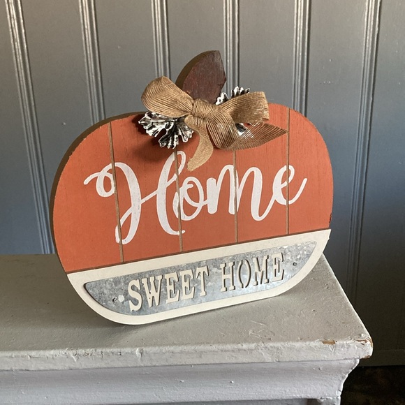 NWT HOME SWEET HOME Slatted Solid Wood & Galvanized Pumpkin Decor Sign 🍁s & Bow - Picture 7 of 17